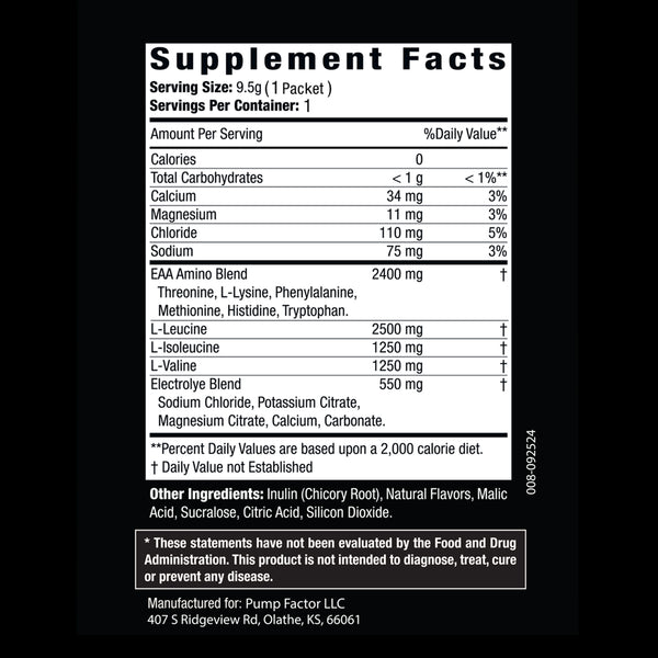 EAA+BCAA Strawberry Candy sample pouch Supplement Facts panel.