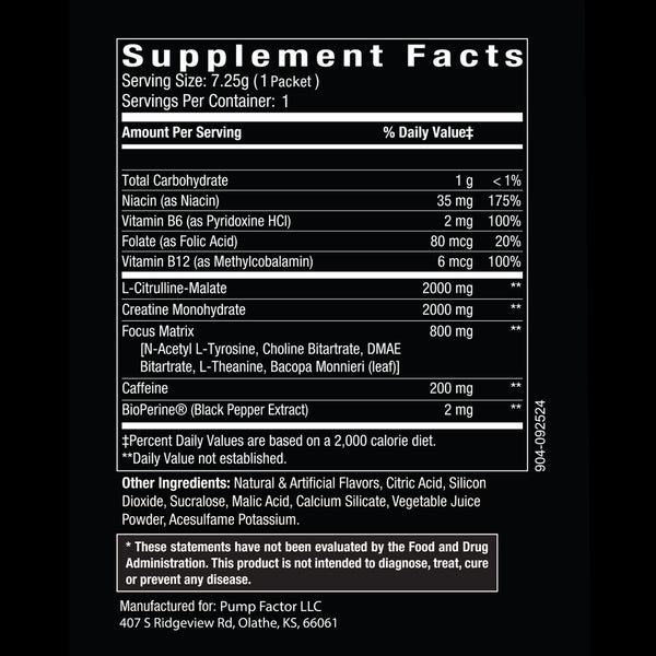Energy Preworkout Fruit Punch sample pouch Supplement Facts.