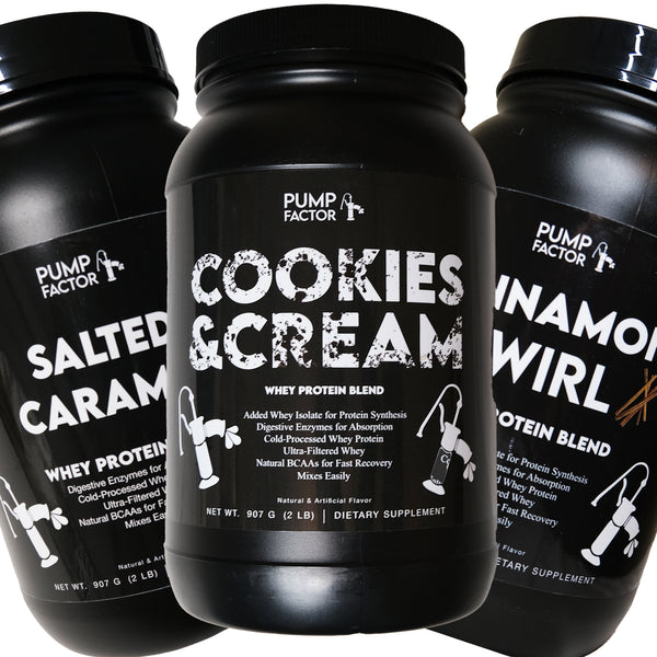 Product image (front) of Cookies & Cream, Cinnamon Swirl, and Salted Caramel Canisters of whey protein staggered.