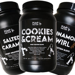 Product image (front) of Cookies & Cream, Cinnamon Swirl, and Salted Caramel Canisters of whey protein staggered.