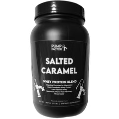 Product image (front) of a Salted Caramel whey protein canister.
