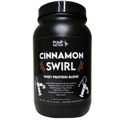 Product image (front) of a Cinnamon Swirl flavored whey protein canister.