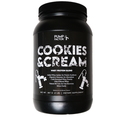 Product image (front) of a Cookies&Cream whey protein canister.