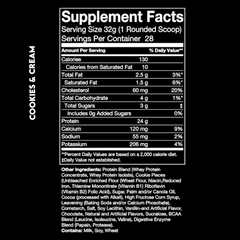 Supplement Facts panel of a Cookies & Cream whey protein canister.