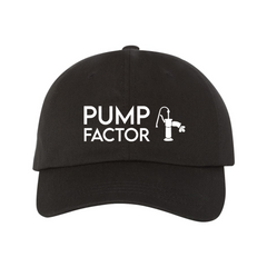 Product Image (Front) of Black Pump Factor Dad-cap Style Baseball Cap with white Pump Factor name and Pump logo center placement