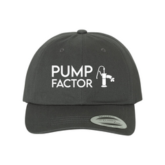 Product Image of Dark Grey Pump Factor Dad-cap Style Baseball Cap with white Pump Factor name and Pump logo center placement