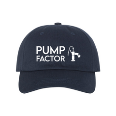 Product Image of Navy Pump Factor Dad-cap Style Baseball Cap with white Pump Factor name and Pump logo center placement