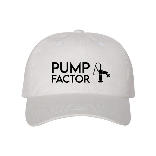 Product Image of White Pump Factor Dad-cap Style Baseball Cap with black Pump Factor name and Pump logo center placement