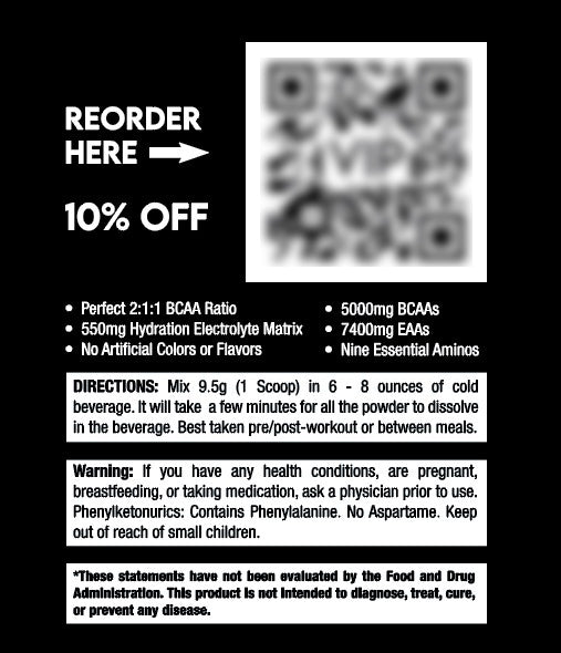 Blurred QR Code above bullet points of key product details on an EAA+BCAA canister. Directions, Warning, and FDA Statements panels appear below.
