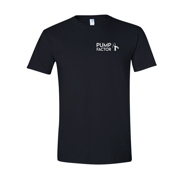 Product Image Black Pump Factor Soft Tee short-sleeve T Shirt with white Pump Factor name and Pump Logo left-chest placement