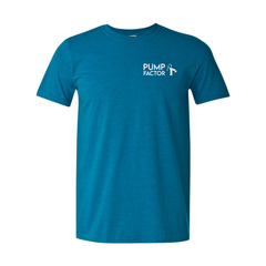 Product Image Antique Sapphire Pump Factor Soft Tee short-sleeve T Shirt with white Pump Factor name and Pump Logo left-chest placement
