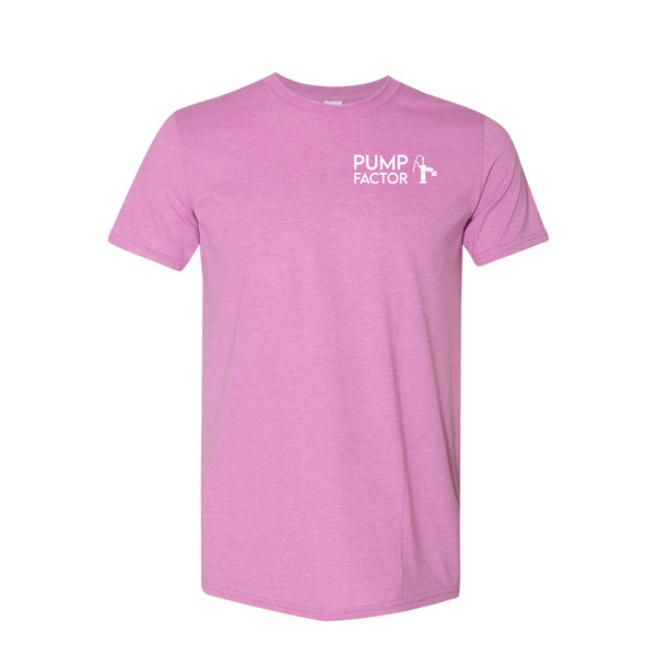 Product Image Heather Radiant Orchid Pump Factor Soft Tee short-sleeve T Shirt with white Pump Factor name and Pump Logo left-chest placement