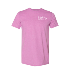 Product Image Heather Radiant Orchid Pump Factor Soft Tee short-sleeve T Shirt with white Pump Factor name and Pump Logo left-chest placement