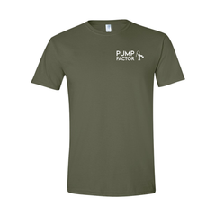 Product Image Military Green Pump Factor Soft Tee short-sleeve T Shirt with white Pump Factor name and Pump Logo left-chest placement