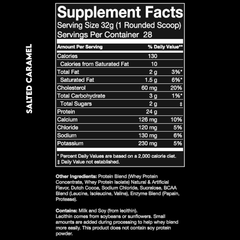 Supplement Facts panel of a Salted Caramel whey protein canister.