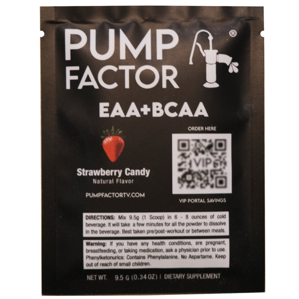 EAA+BCAA Strawberry Candy sample pouch (front).