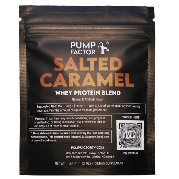Salted Caramel whey protein sample pouch (front).