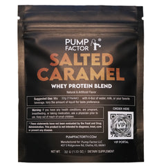 Salted Caramel whey protein sample pouch (front).