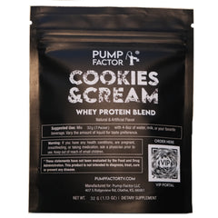 Cookies & Cream whey protein sample pouch (front).