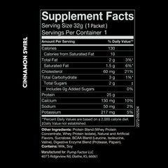 Supplement Facts panel of a Cinnamon Swirl whey protein sample pouch.