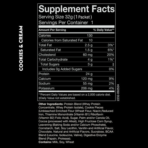 Supplement Facts panel of Cookies & Cream whey protein sample pouch.