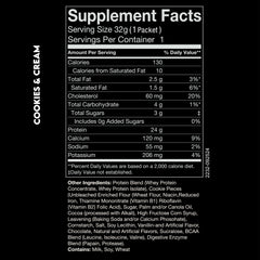 Supplement Facts panel of Cookies & Cream whey protein sample pouch.