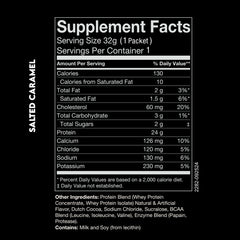 Supplement Facts panel of Salted Caramel whey protein sample pouch.