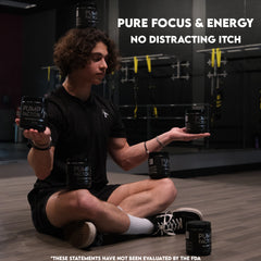 An image of a man sitting cross-legged with Pump Factor Energy Preworkout canisters balanced on his head, one in each hand, one on each knee, and one in front wearing a lack quick-drying performance t-shirt. Background is in a gym by the mirror.